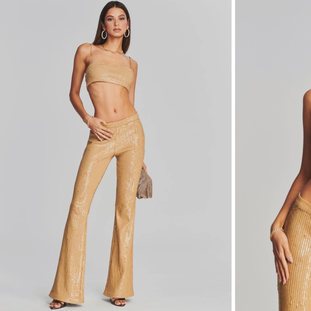 SET NWT RETROFETE Julien Sequin Knit Pant and Vaani Bra set in nude